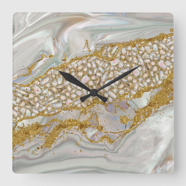 Horloge Carrée Mère de perle et d'or Abstrait (Recto)