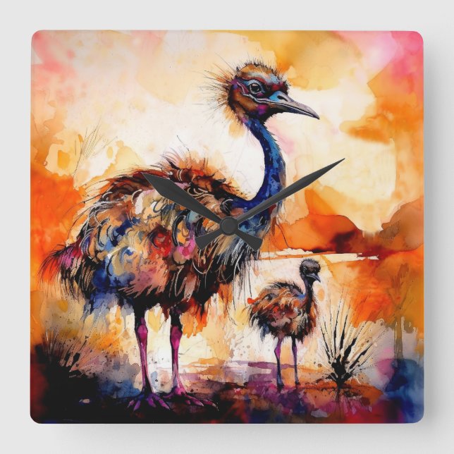 Horloge Carrée Mère Emu et poussin dans l'Outback Australie (Recto)