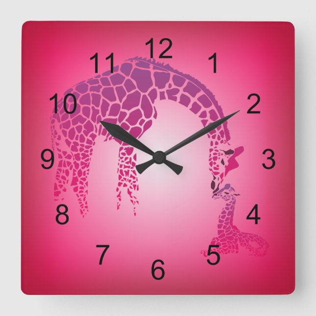 Horloge Carrée Mère et mignonne Giraffe Bébé | fuchsia (Recto)