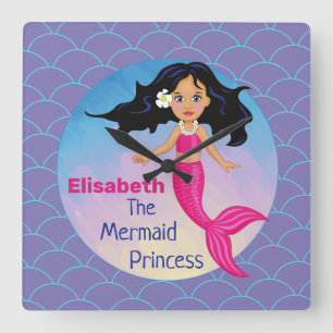Horloge Carrée Mermaid princess under the sea water waves pink