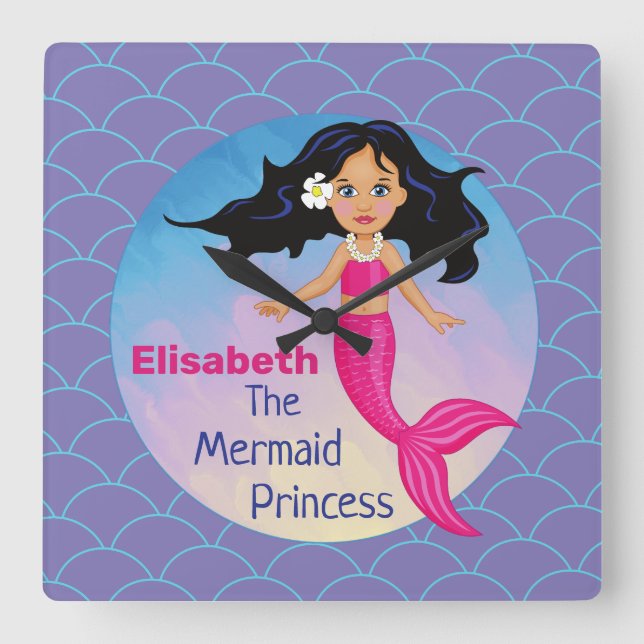 Horloge Carrée Mermaid princess under the sea water waves pink (Recto)