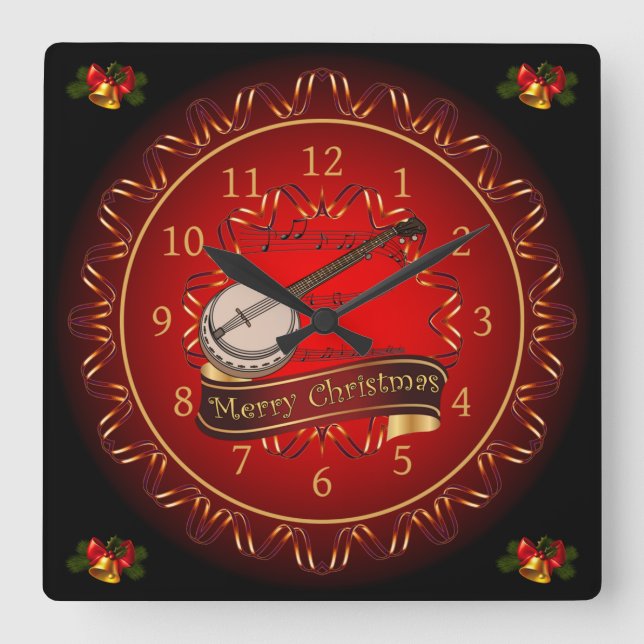 Horloge Carrée Merry Christmas Maroon et Black (Recto)