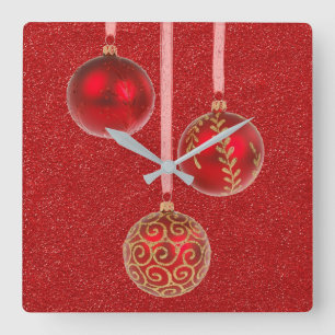 Horloge Carrée Merry Christmas Red Glitter Bauble