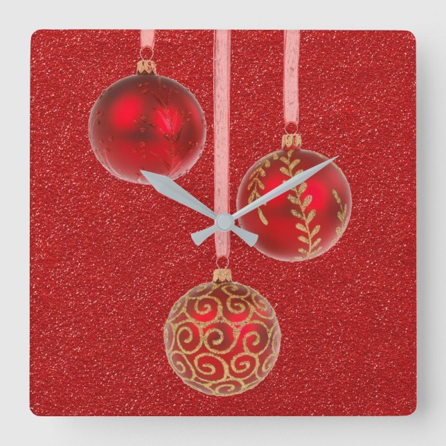 Horloge Carrée Merry Christmas Red Glitter Bauble (Recto)