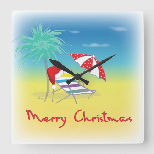 Horloge Carrée Merry Christmas, Santa Hat, Palm Tree, Beach (Recto)