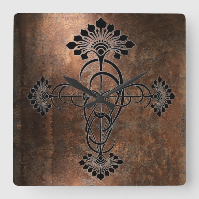 Horloge Carrée Métal rouillé avec design Art Nouveau sur un (Recto)