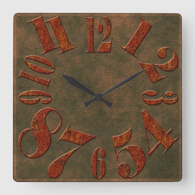 Horloge Carrée Métal rouillé rustique moderne grand nombre (Recto)