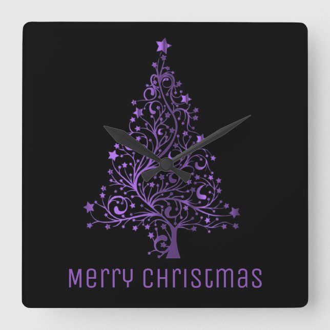 Horloge Carrée Métallc Purple Stars Christmas Tree Elegant Black (Recto)