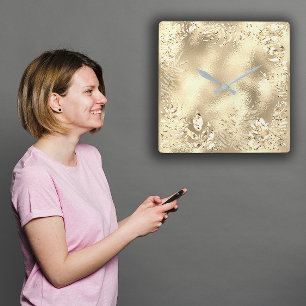 Horloge Carrée Métallique botanique de feuilles tropicales d'or
