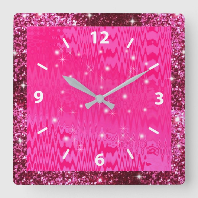 Horloge Carrée Métallo, Parties scintillant rose, & étincelle, pe (Recto)