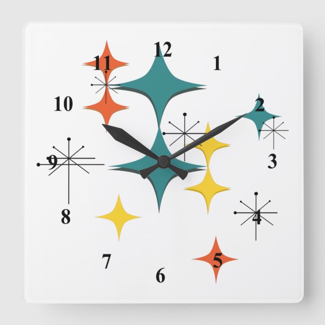 Horloge Carrée Mi-Siècle moderne Eames atomique Starbursts Numéro (Recto)