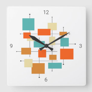 Horloge Carrée Mi-siècle Moderne Rétro Orange Turquoise Carré