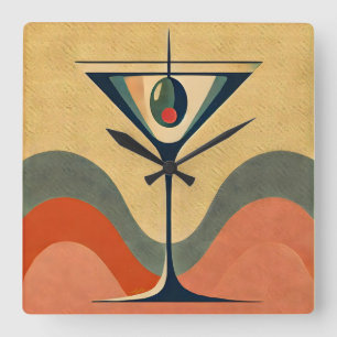 Horloge Carrée Mi-siècle Moderne "vague de martini à l'olive pime