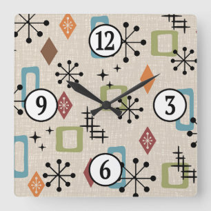 Horloge Carrée Mid Century moderne de l'âge atomique Motif de dém