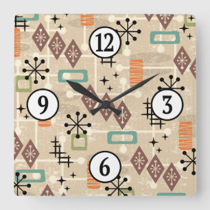 Horloge Carrée Mid Century moderne de l'âge atomique Motif de dém