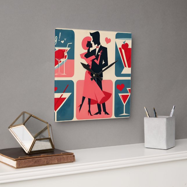 Horloge Carrée Mid Century Valentine Dancing Couple (Bureau)