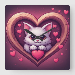 Horloge Carrée Mignon Chat Blanc avec Design Kawaii de l'Amour de