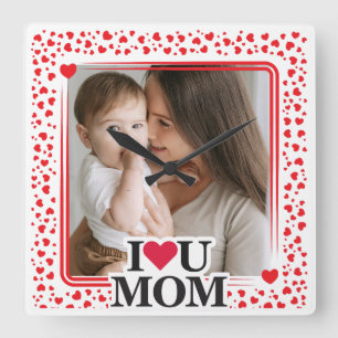 Horloge Carrée Mignonne COEUR JE T'AIME MOM Fête des Mères Cadeau