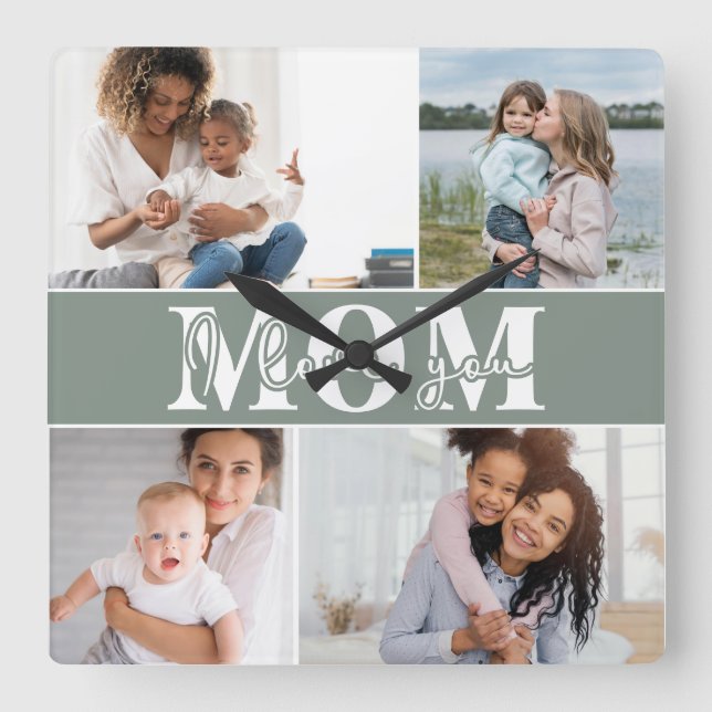 Horloge Carrée Mignonne JE T'AIME MOM Fête des Mères Photo (Recto)