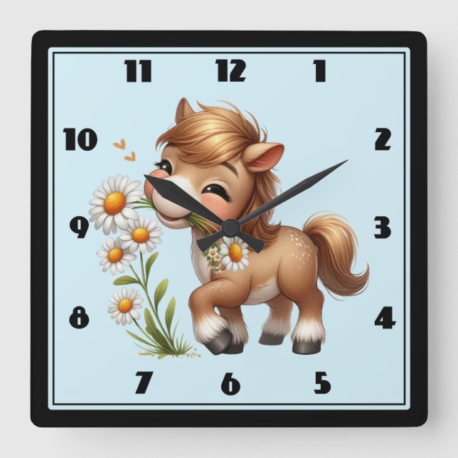 Horloge Carrée Mignonne Pony Mange Manger Des Marguerites (Recto)