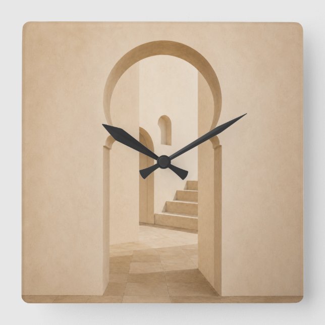 Horloge Carrée Minimalist Moroccan Arch Wall Clock | Neutral Riad (Recto)