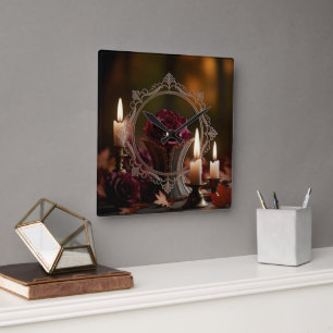 Horloge Carrée Miroir Victorien Orné Rose Violette à la Lumière d