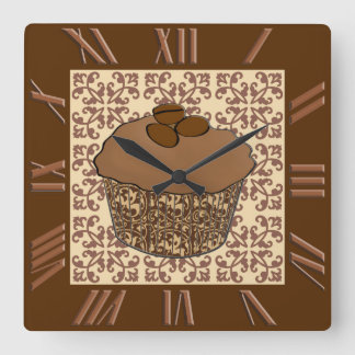 Horloge Carrée Mocha / Cupcake glacé au café, fond de dentelle