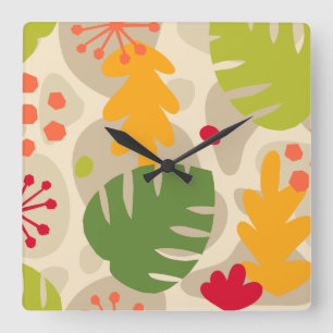 Horloge Carrée Mod Monstera Feuilles Abstrait Hawaï Tropical - C