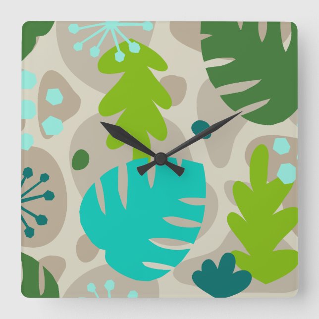 Horloge Carrée Mod Monstera Feuilles Abstrait Hawaï Tropical-Cool (Recto)