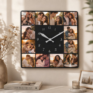 Horloge Carrée Modèle de collage carré personnalisé de 12 photos 