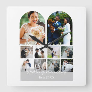 Horloge Carrée Modèle de collage de 10 photos de mariage pour cou