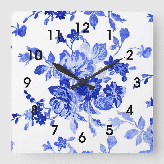 Horloge Carrée Modèle floral bleu (Recto)