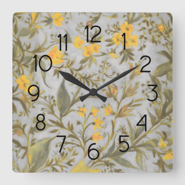 Horloge Carrée Modèle floral gris et jaune (Recto)