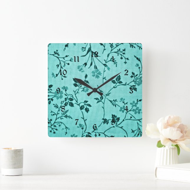 Horloge Carrée Modèle floral turquoise (Maison)
