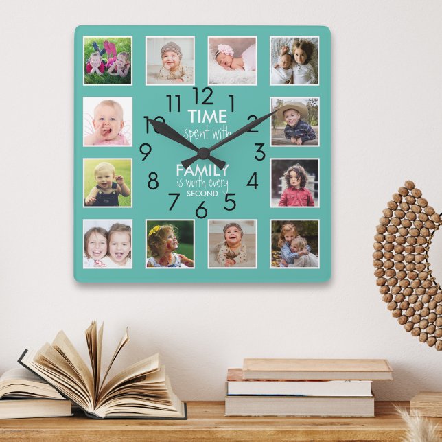 Horloge Carrée Modern 12 Photo Collage Famille Temps Citation Tur (Modern 12 Photo Collage Family Time Quote Teal Square Wall Clock)