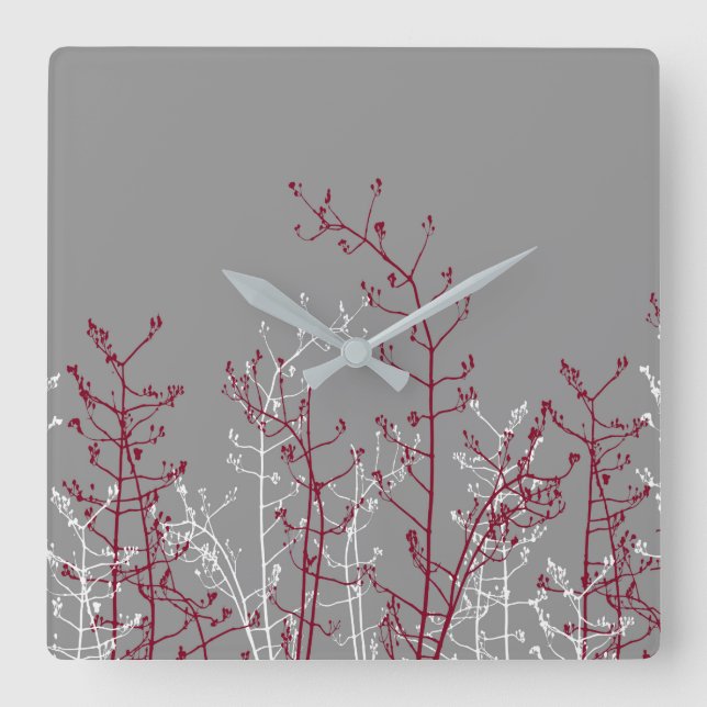 Horloge Carrée Modern Abstract Elegant Burgundy Flowers on Grey (Recto)