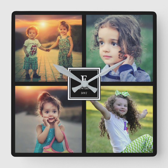 Horloge Carrée Modern Family photo collage monogram name (Recto)