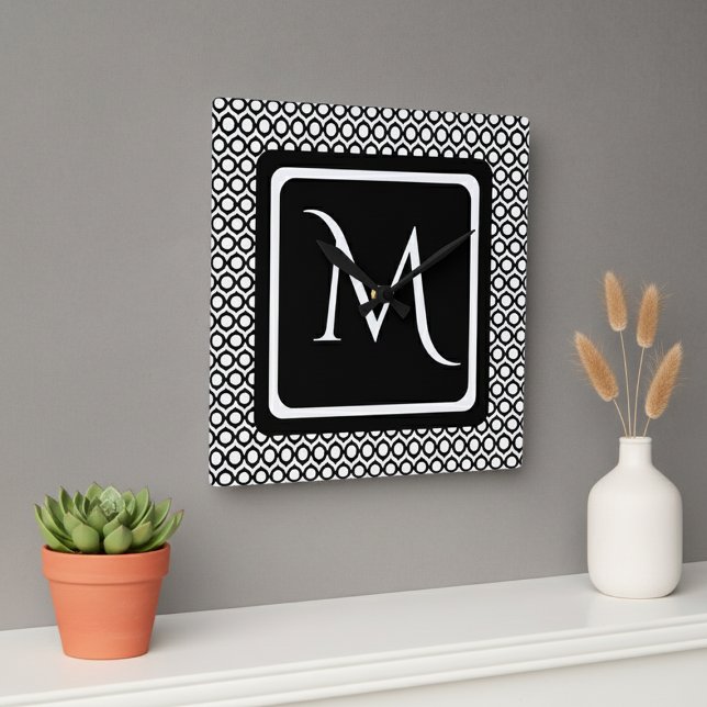 Horloge Carrée Modern Geometric Monogram Black White (Créateur téléchargé)