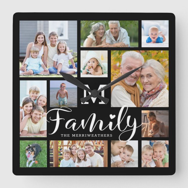 Horloge Carrée Modern Script FAMILLE Nom Photo Collage Monogramme (Recto)