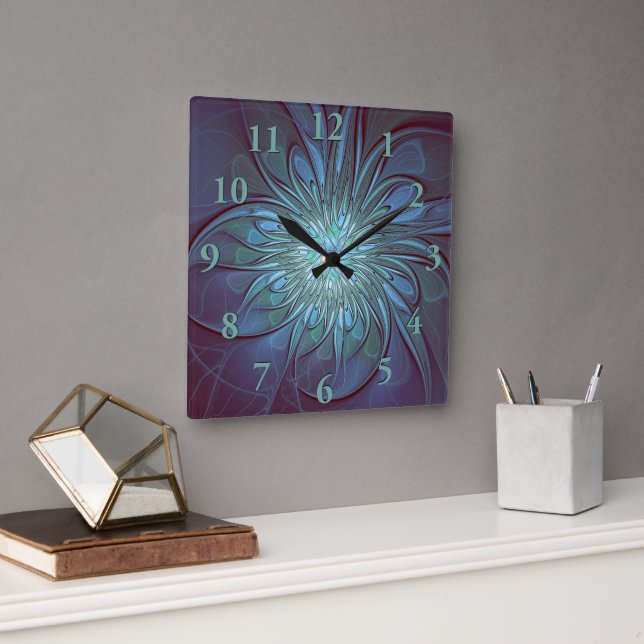 Horloge Carrée Moderne Abstrait tendance Fleur bleue Fractal Art (Bureau)