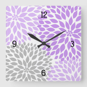 Horloge Carrée Moderne Dahlia fleurs violet lavande gris #2