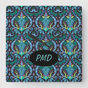 Horloge Carrée Moderne Damask Art Déco Noir Turquoise Bleu Nom