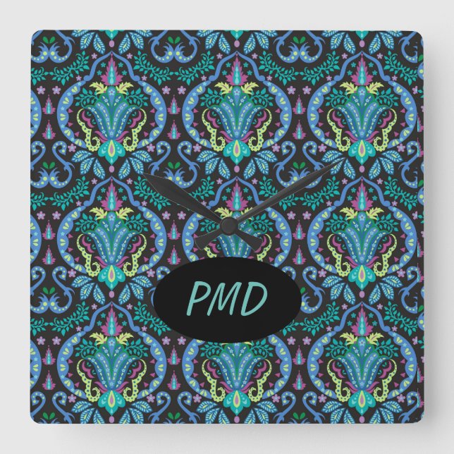 Horloge Carrée Moderne Damask Art Déco Noir Turquoise Bleu Nom (Recto)