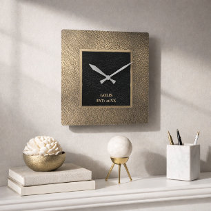 Horloge Carrée Moderne minimaliste cuir doré et noir 