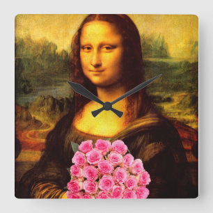 Horloge Carrée Mona Lisa With Bouquet Of Pink Roses