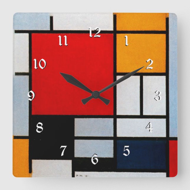Horloge Carrée Mondrian - Composition avec grand plan rouge (Recto)