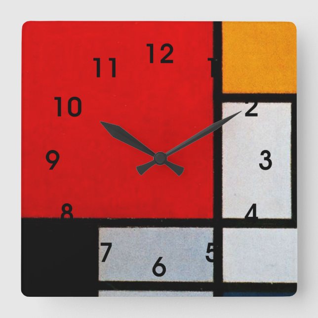 Horloge Carrée Mondrian - Composition avec grand plan rouge (Recto)