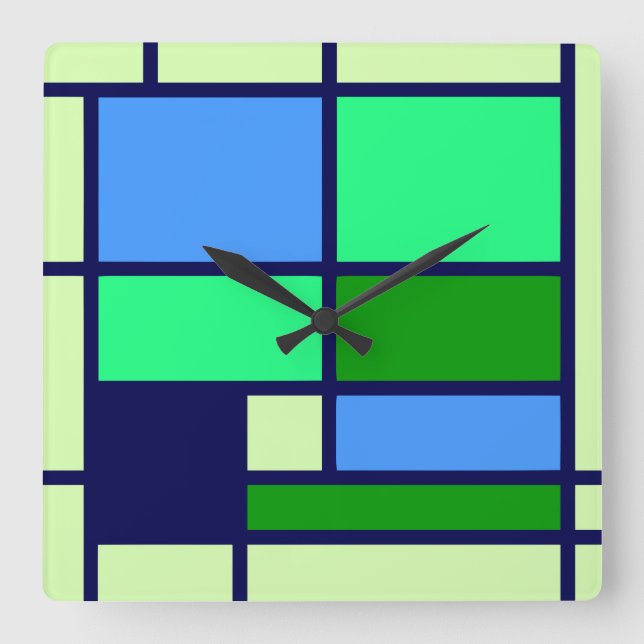 Horloge Carrée Mondrian style blue green (Recto)