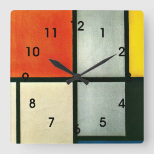 Horloge Carrée Mondrian - Tableau 3 avec Orange-Rouge, Jaune...