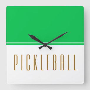 Horloge Carrée Monnaie verte Couleur blanche bloc PICKLEBALL Text